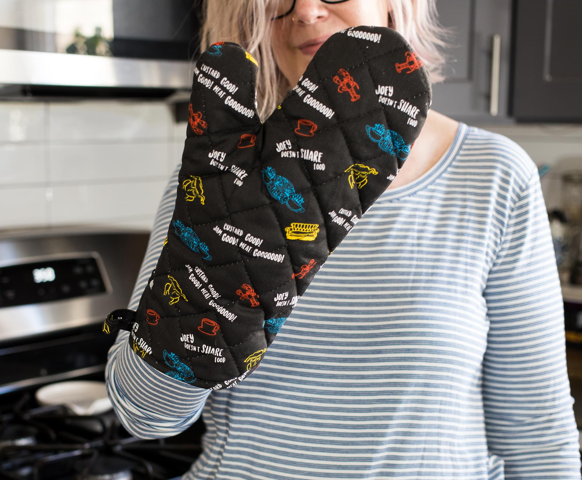 Friends-Inspired Black Oven Mitt with Icons & Quotes