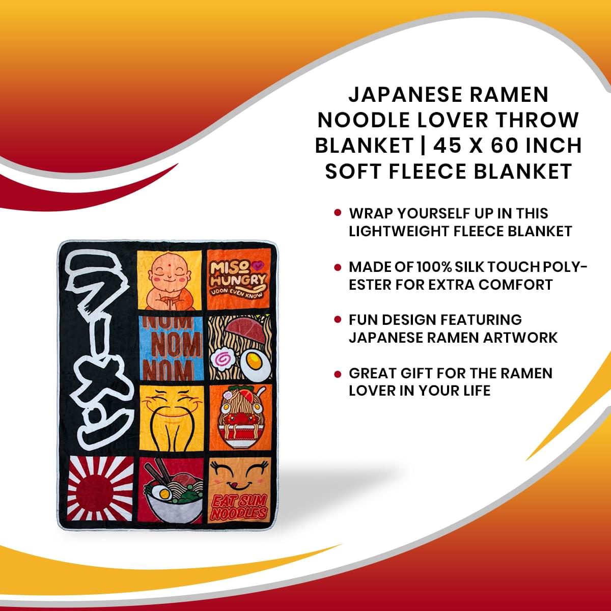 Cozy Ramen Noodle Lover's Fleece Throw Blanket - 45x60 Inches