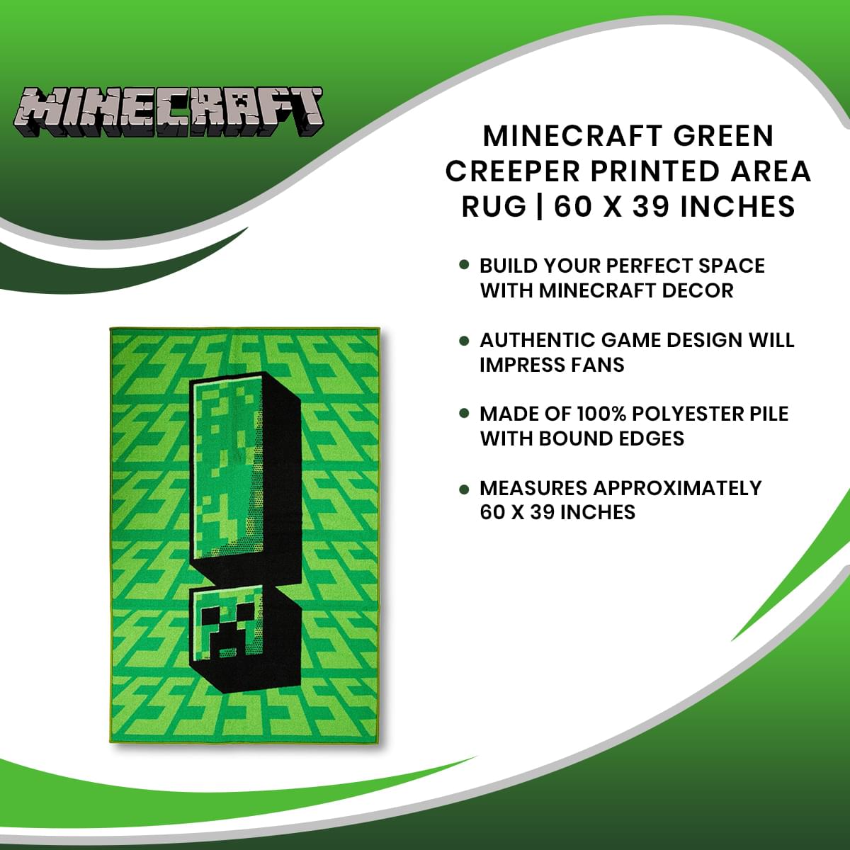 Epic Minecraft Green Creeper Area Rug - 60 x 39 Inches