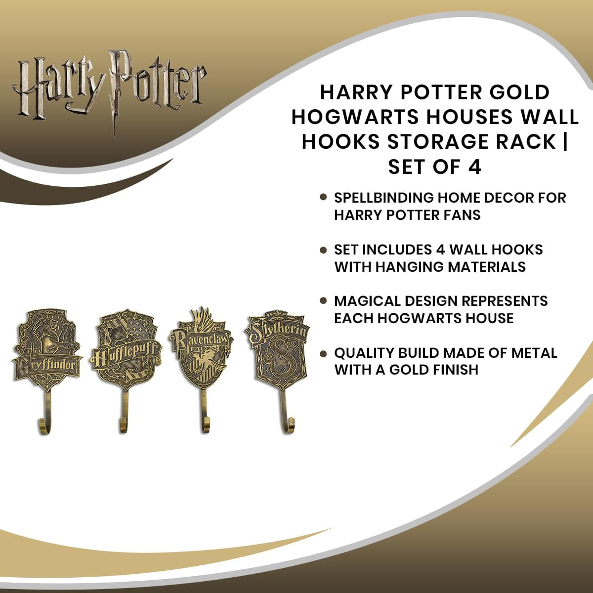 Enchanting Harry Potter Gold Hogwarts Houses Wall Hooks Storage Rack - Set of 4