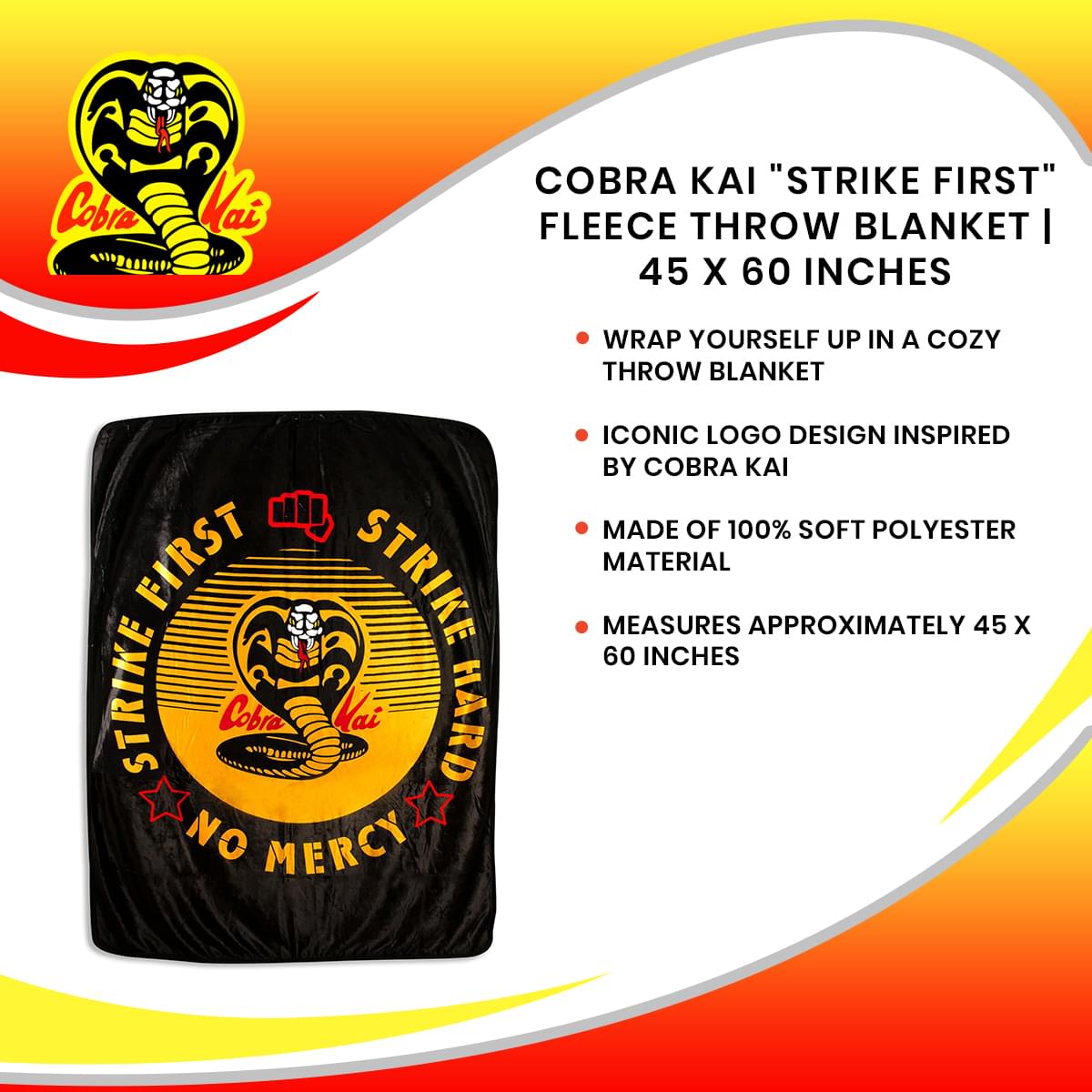 Cobra Kai 'Strike First' Ultra-Soft Fleece Throw Blanket - 45x60 Inches