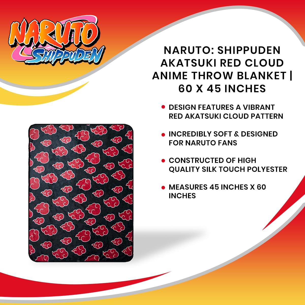 Naruto Shippuden Akatsuki Red Cloud Fleece Anime Throw Blanket - 60x45 Inches