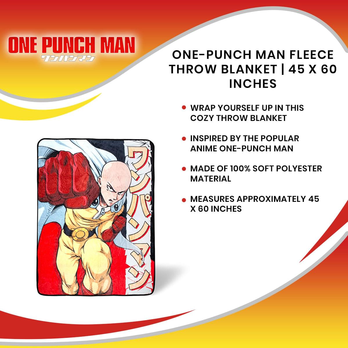 Epic One-Punch Man Fleece Throw Blanket - 45x60 Inches