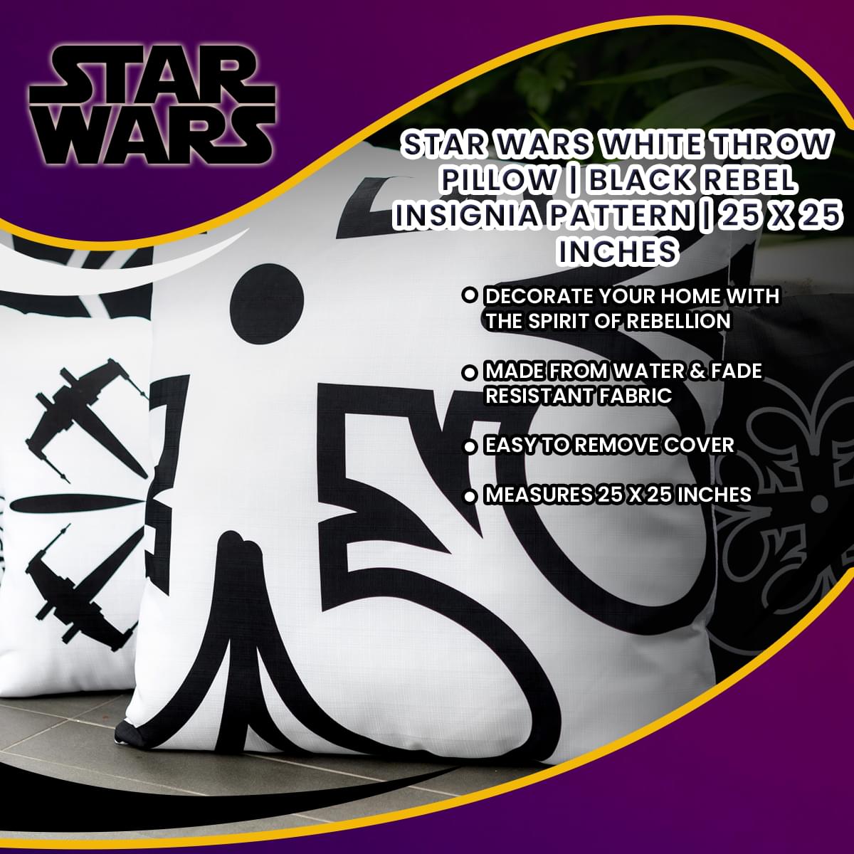 Star Wars White Throw Pillow with Black Rebel Insignia - 25x25 Inches