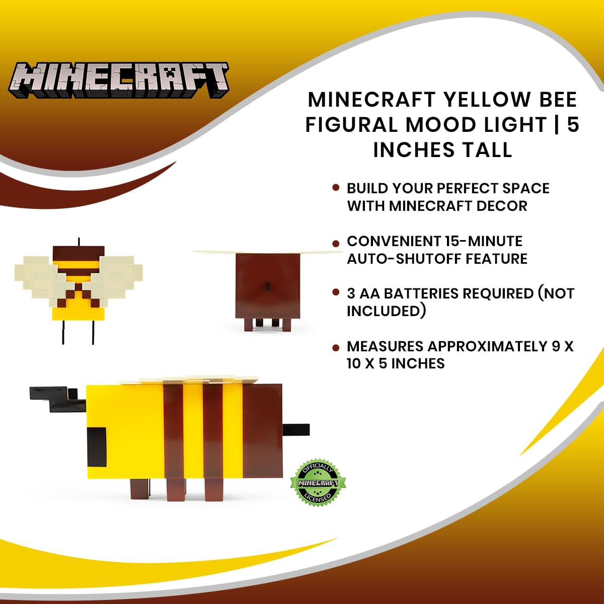 Minecraft 5-Inch Yellow Bee Figural Mood Light - Light Up Your World!