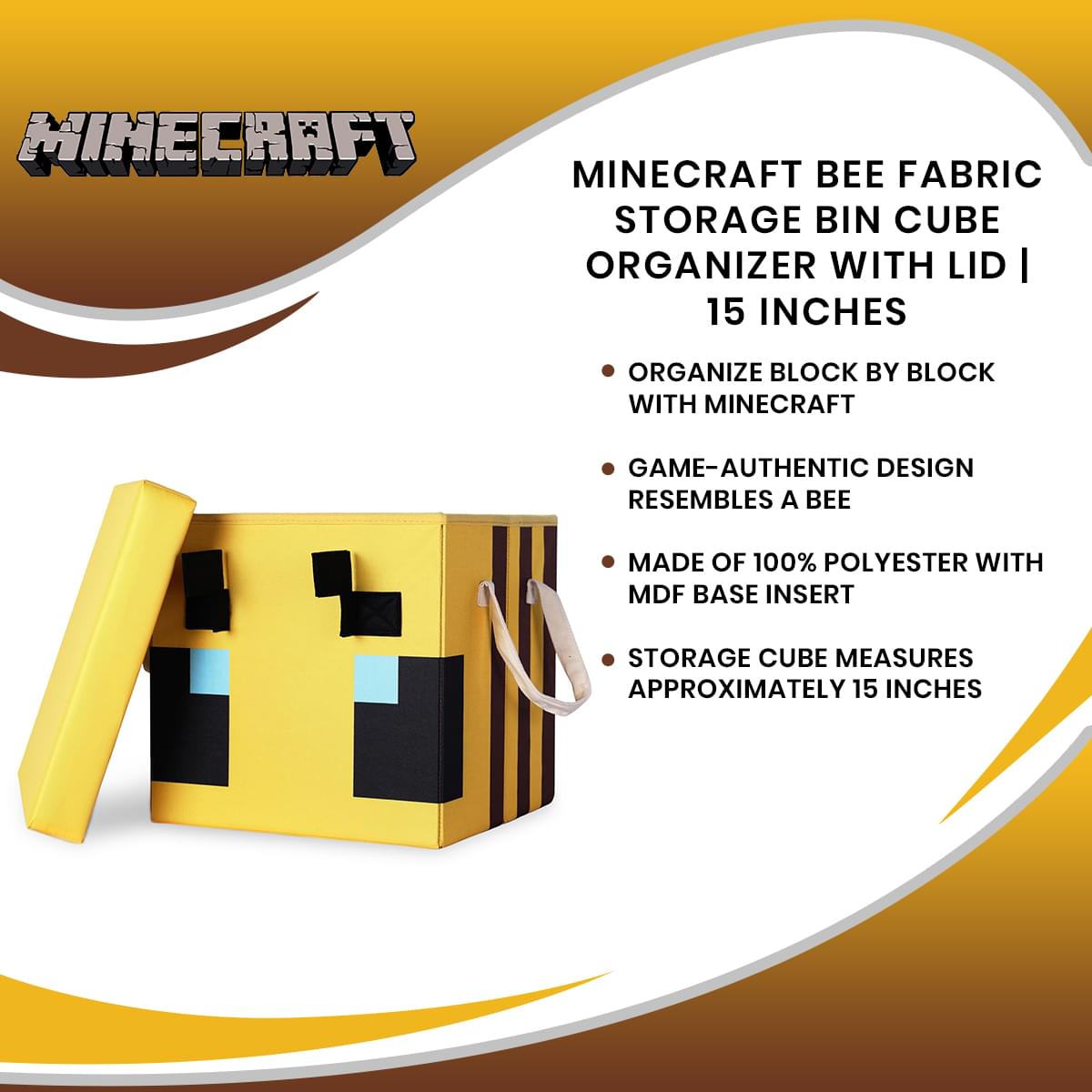 Officially Licensed Minecraft Bee 15-Inch Fabric Storage Bin Cube Organizer with Lid