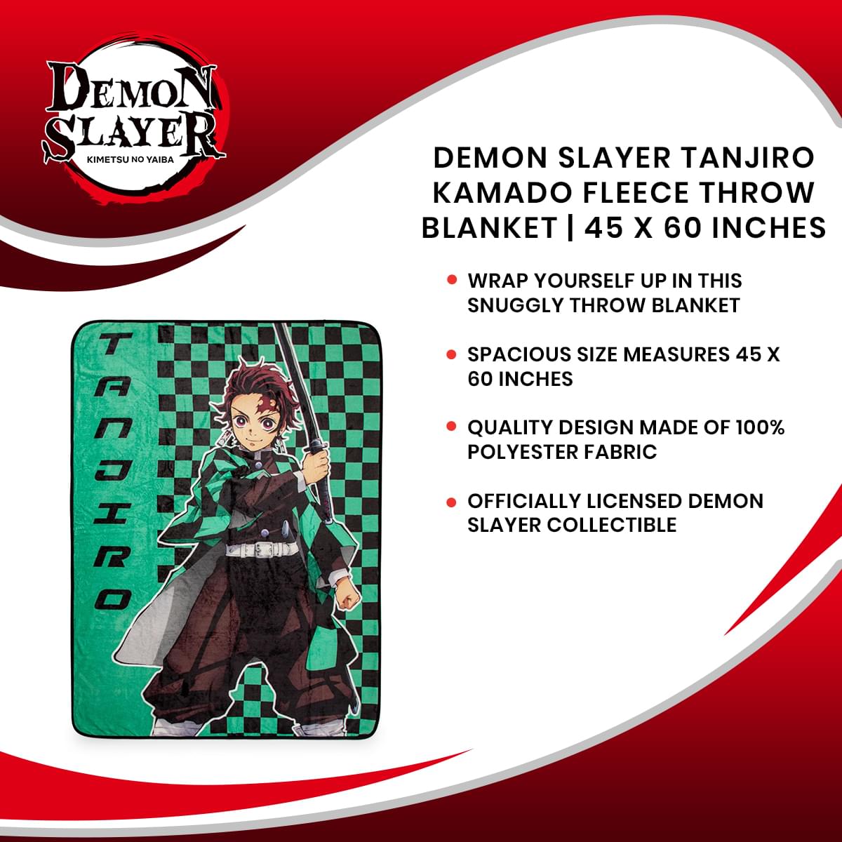 Demon Slayer Tanjiro Kamado Inspired Fleece Throw Blanket - 45 x 60 Inches