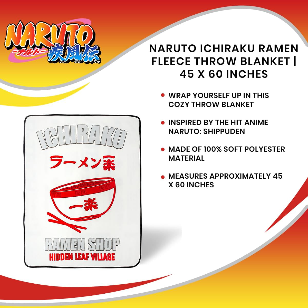 Naruto Ichiraku Ramen Cozy Fleece Throw Blanket - 45 x 60 Inches