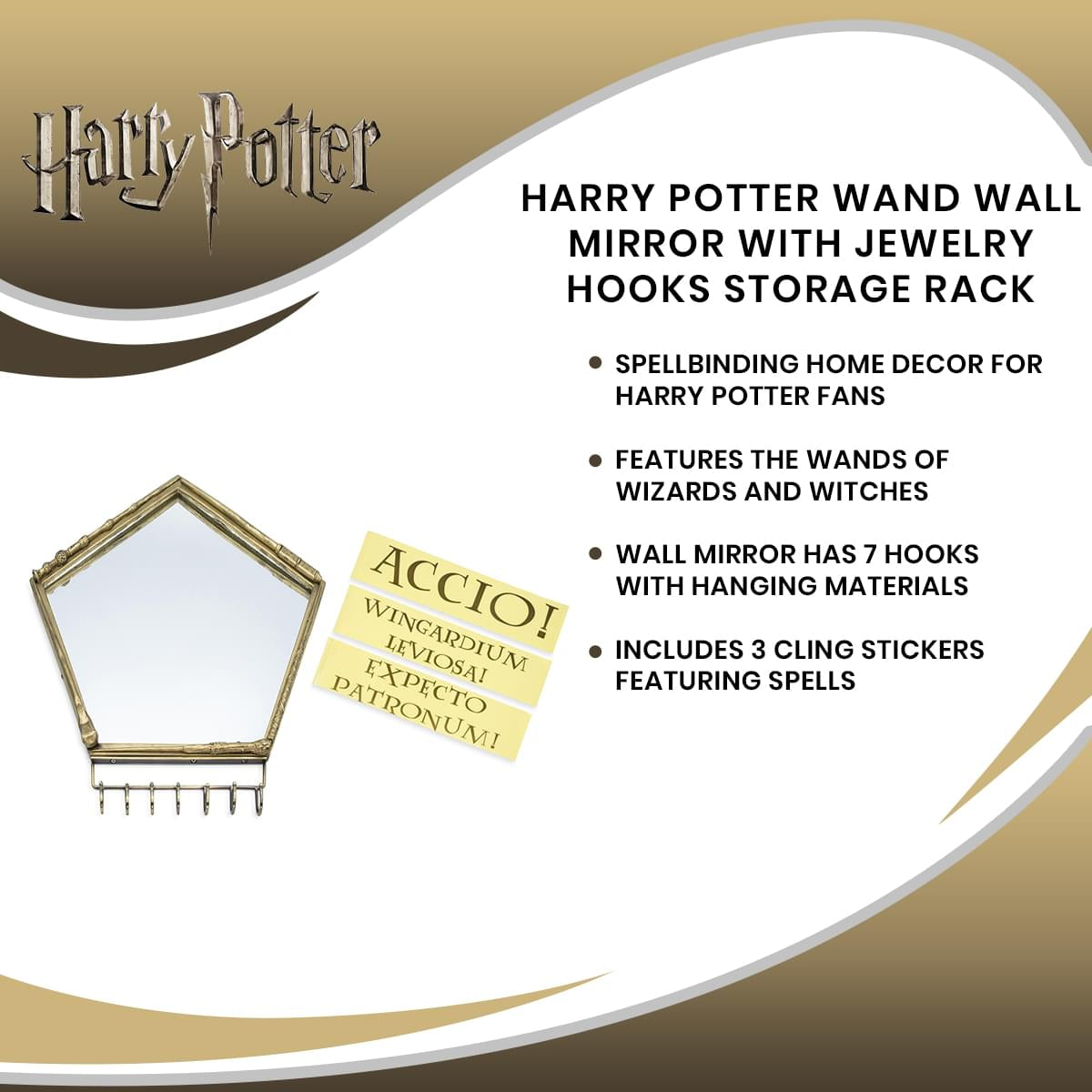 Harry Potter Magical Wand Wall Mirror with Jewelry Hooks Storage