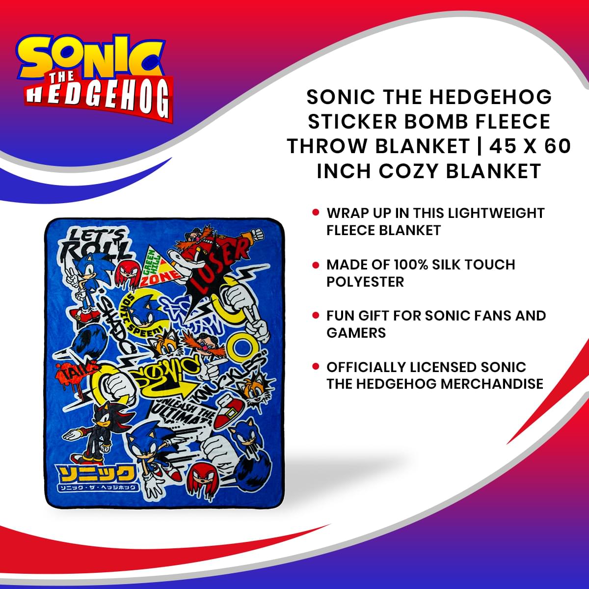 Epic Sonic The Hedgehog Sticker Bomb Fleece Throw Blanket - 45 x 60 Inches of Cozy Gaming Goodness