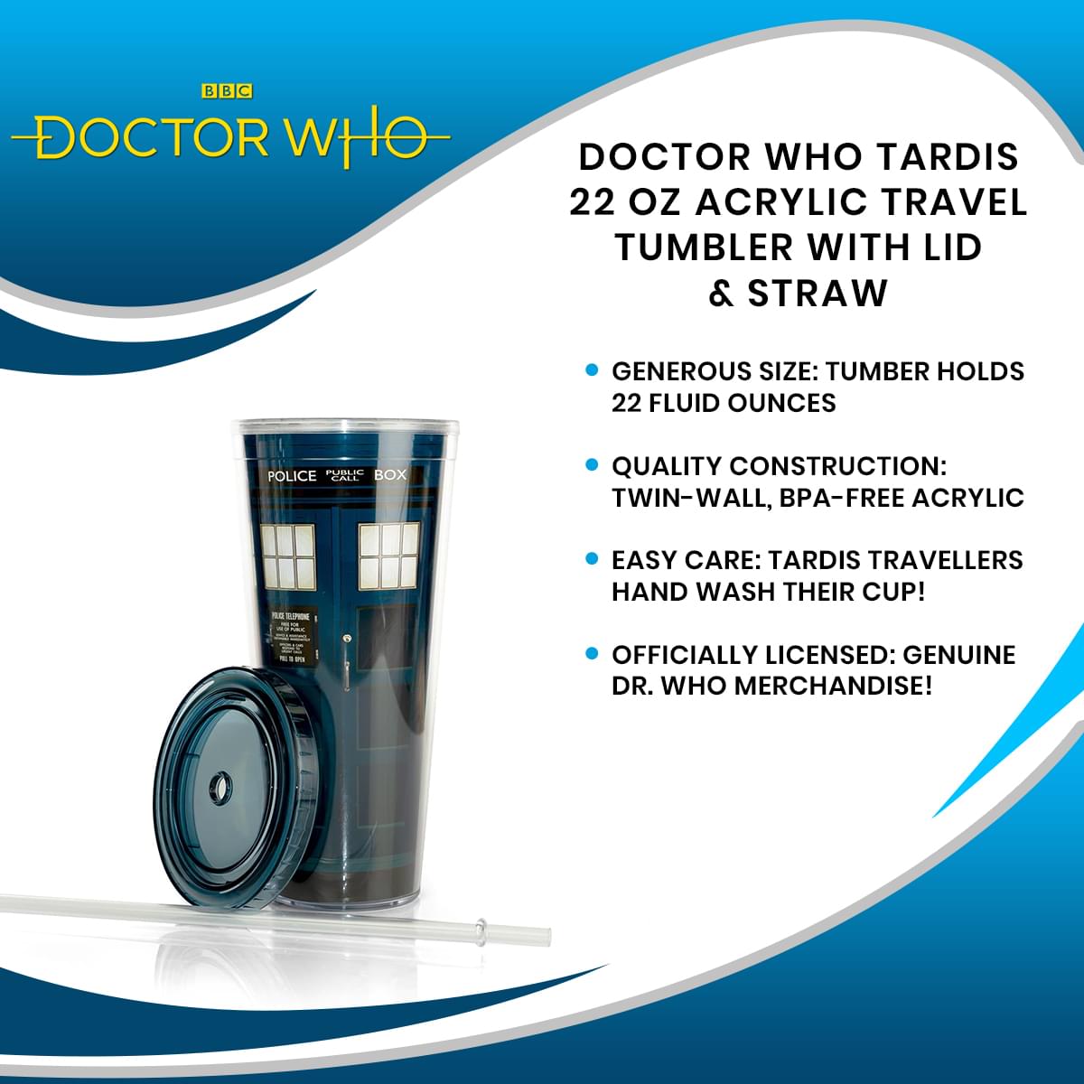 Doctor Who TARDIS 22 Oz Stylish Acrylic Travel Tumbler with Lid & Straw