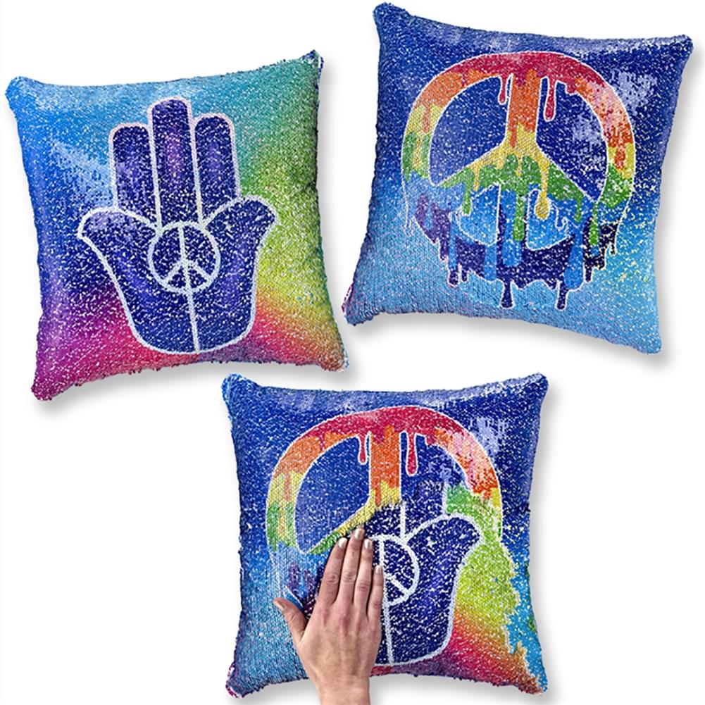 Double Delight: Reversible 14 - Square Sequined Pillow with Hamsa Peace Hand & Peace Sign
