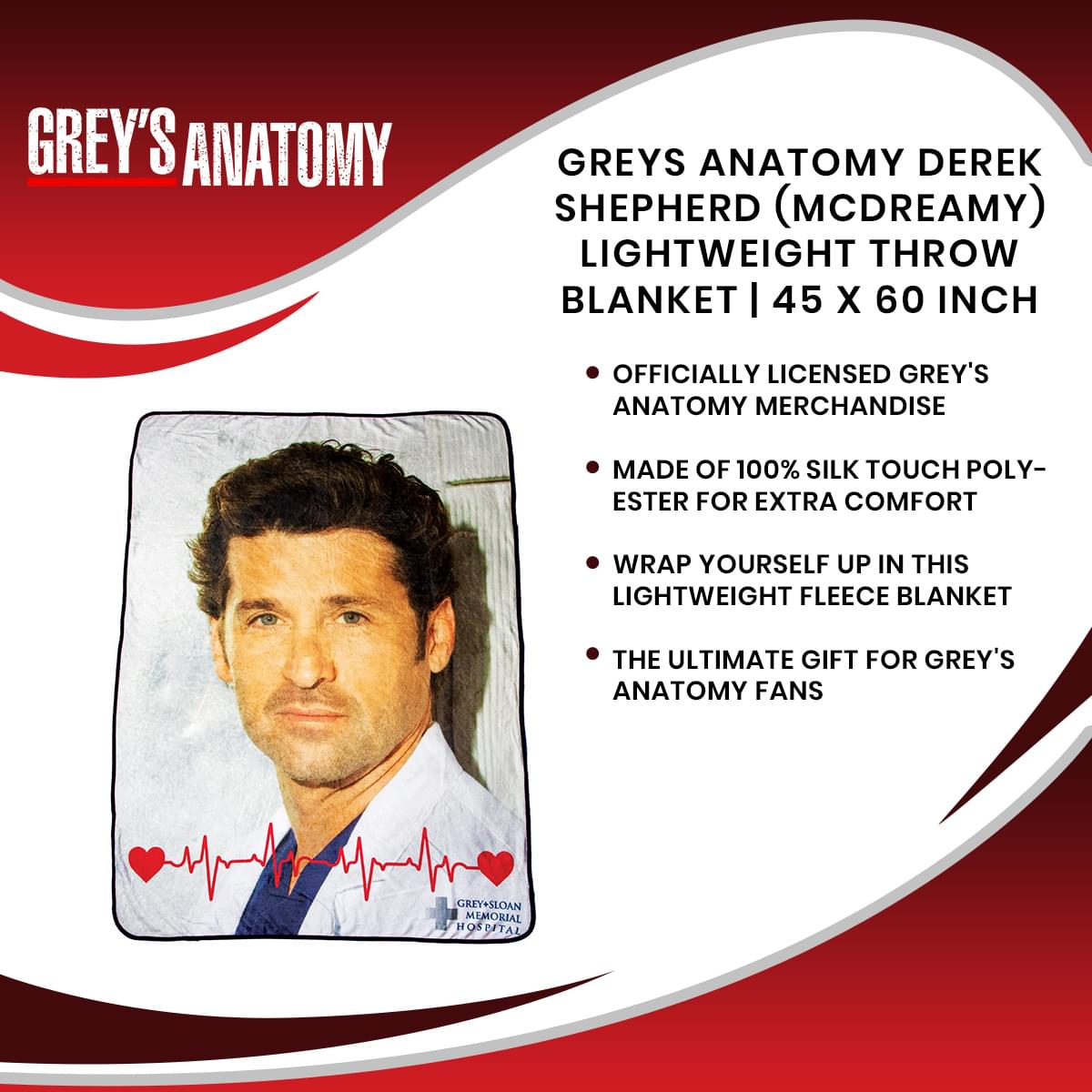 Grey's Anatomy Derek Shepherd (McDreamy) Ultra-Soft Cozy Throw Blanket - 45 x 60 Inches