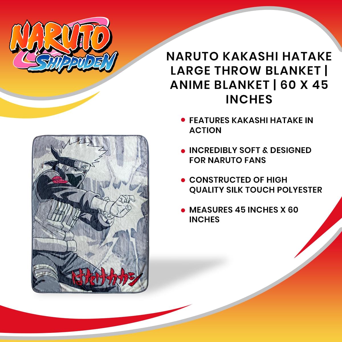 Epic Naruto Kakashi Hatake Large Throw Blanket - 60 x 45 Inches