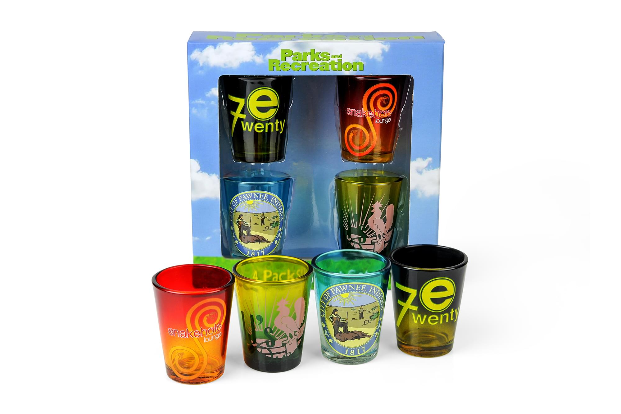 Parks and Rec 4-Piece Shot Glass Set: Colorful Location Logos
