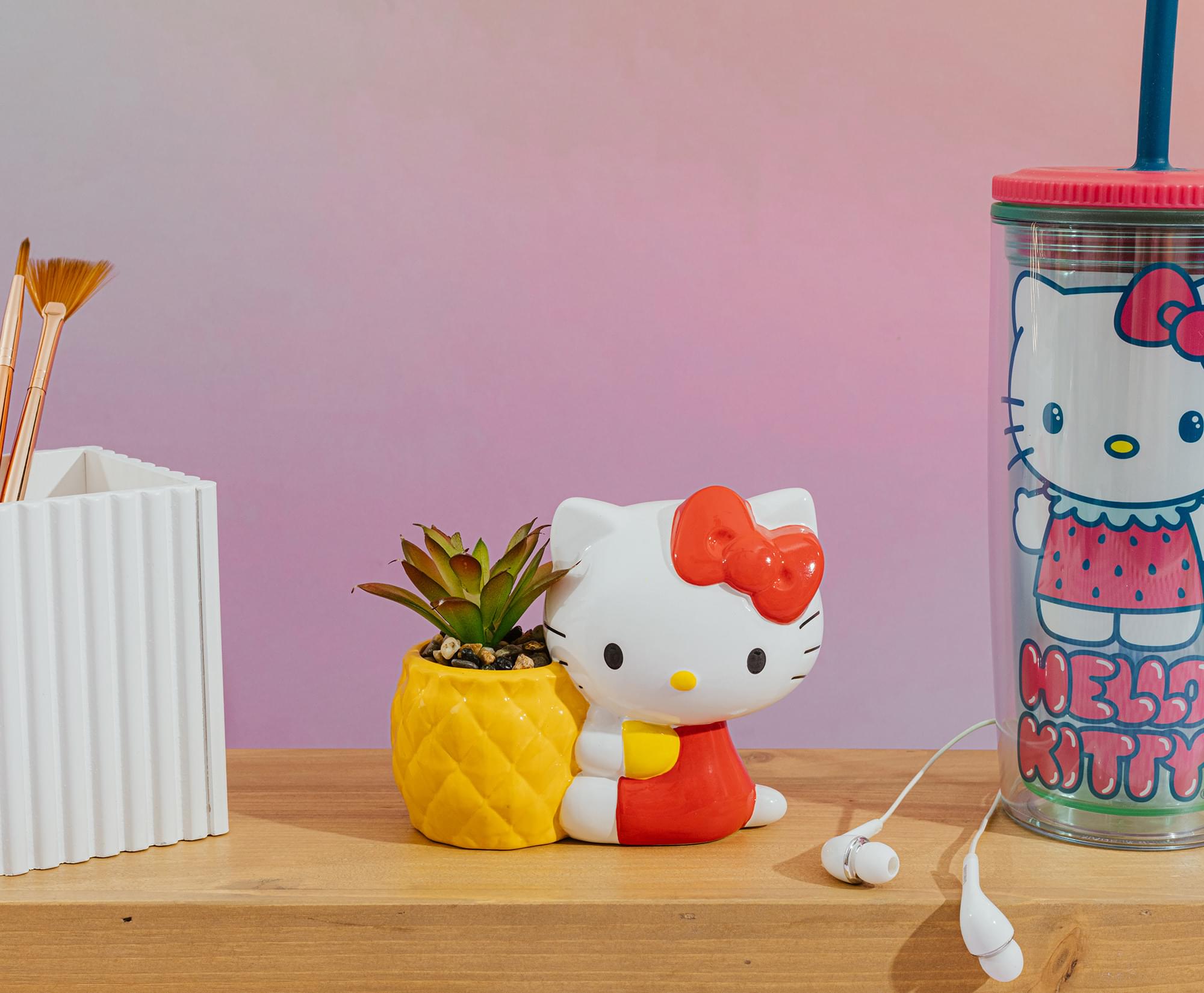 Sanrio Hello Kitty Pineapple Ceramic Mini Planter with Artificial Succulent - Adorable Home Decor